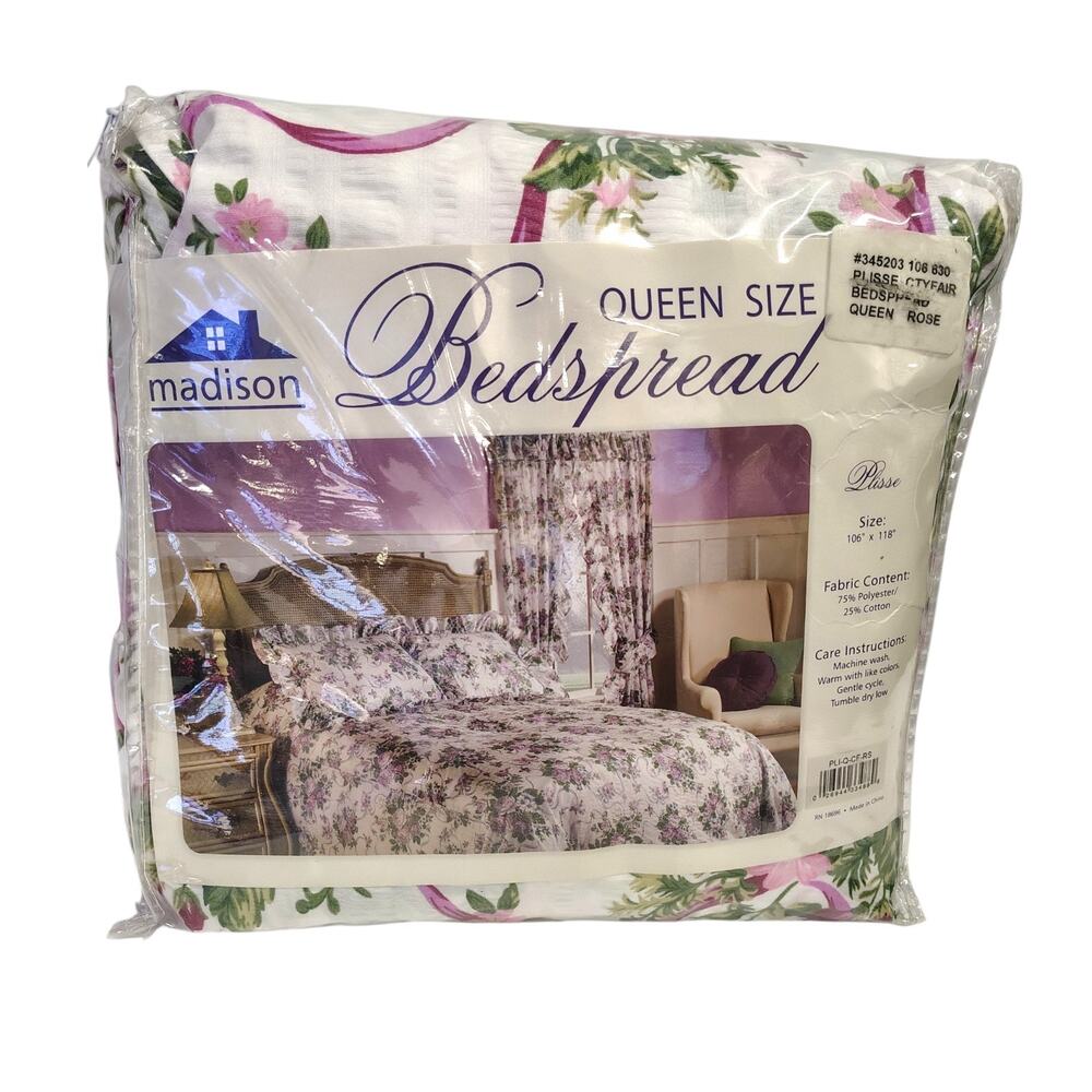 Madison Plisse Bedspread Queen Size 106”x118” Pink Floral New OldStock Vintage